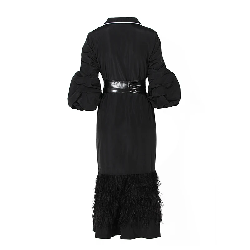 

GALCAUR Temperament Tassel Black Trench For Women Lapel Ruched Flare Sleeve High Waist Lace Up Sexy Trenches Female 2020 Autumn