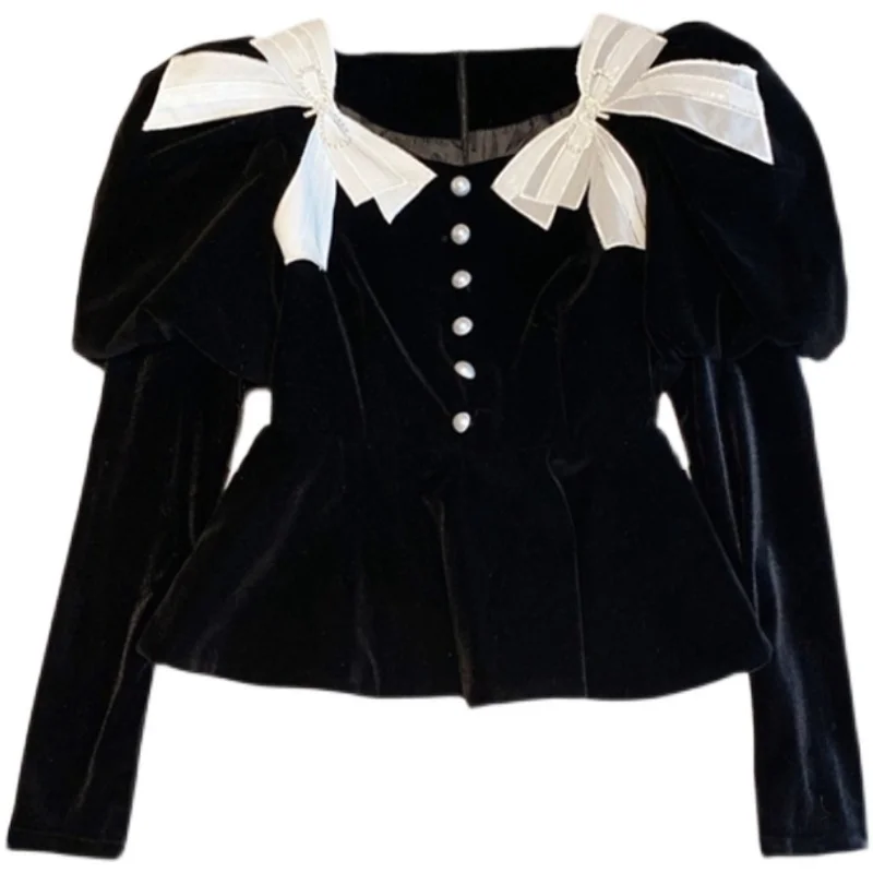 

Chic Bow Design Black Blouse Women Pearl Buttoned Shirts French Vintage Puff Sleeve Blusas Mujer Spring Slim Womens Tops