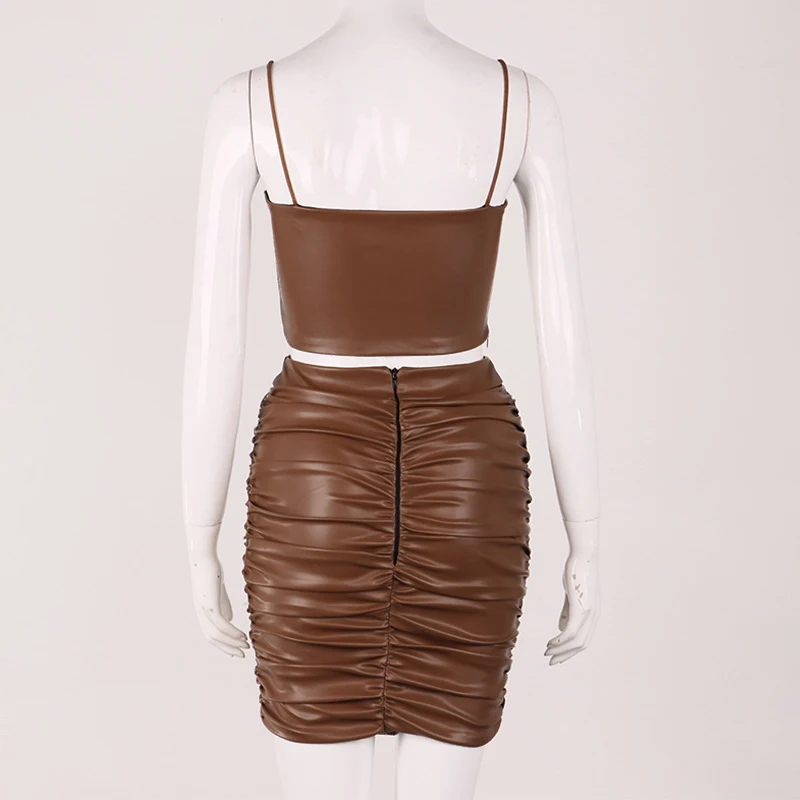 

Hotvestita Sexy Bodycon Brown PU Leather Camisole Crop Top Ruched Mini Skirts Matching 2 Piece Sets Women Party Clubwear Outfits