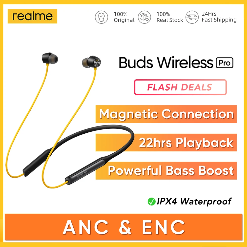 Спортивная гарнитура realme Buds Wireless Pro ANC ENC с активным шумоподавлением желтая 22 часа
