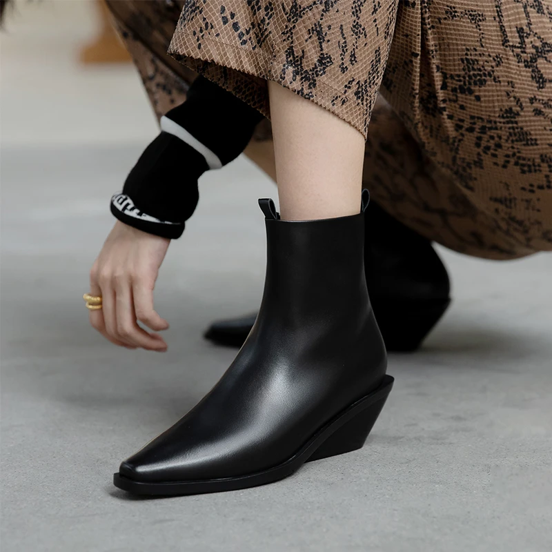 

VERCONAS Women Ankle Boots Genuine Leather Autumn Winter Warm Office Lady Concise Wedges Heels Casual Zipper Short Boots Woman