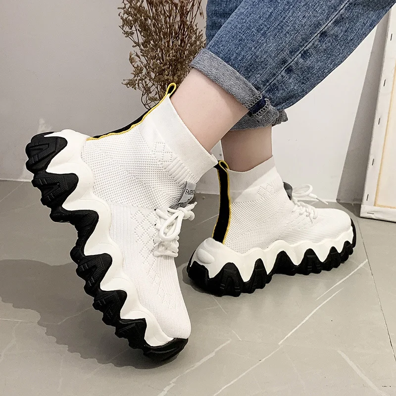 Высокие кроссовки на платформе Женские Дышащие Трикотажные толстой подошве