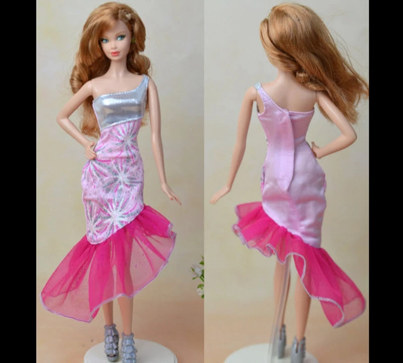 

High Quality Handmade Pink Party Dress For Barbie Dolls One Shoulder Pretty Dress Vestido Clothes For Barbie 1/6 Dollhouse Toy