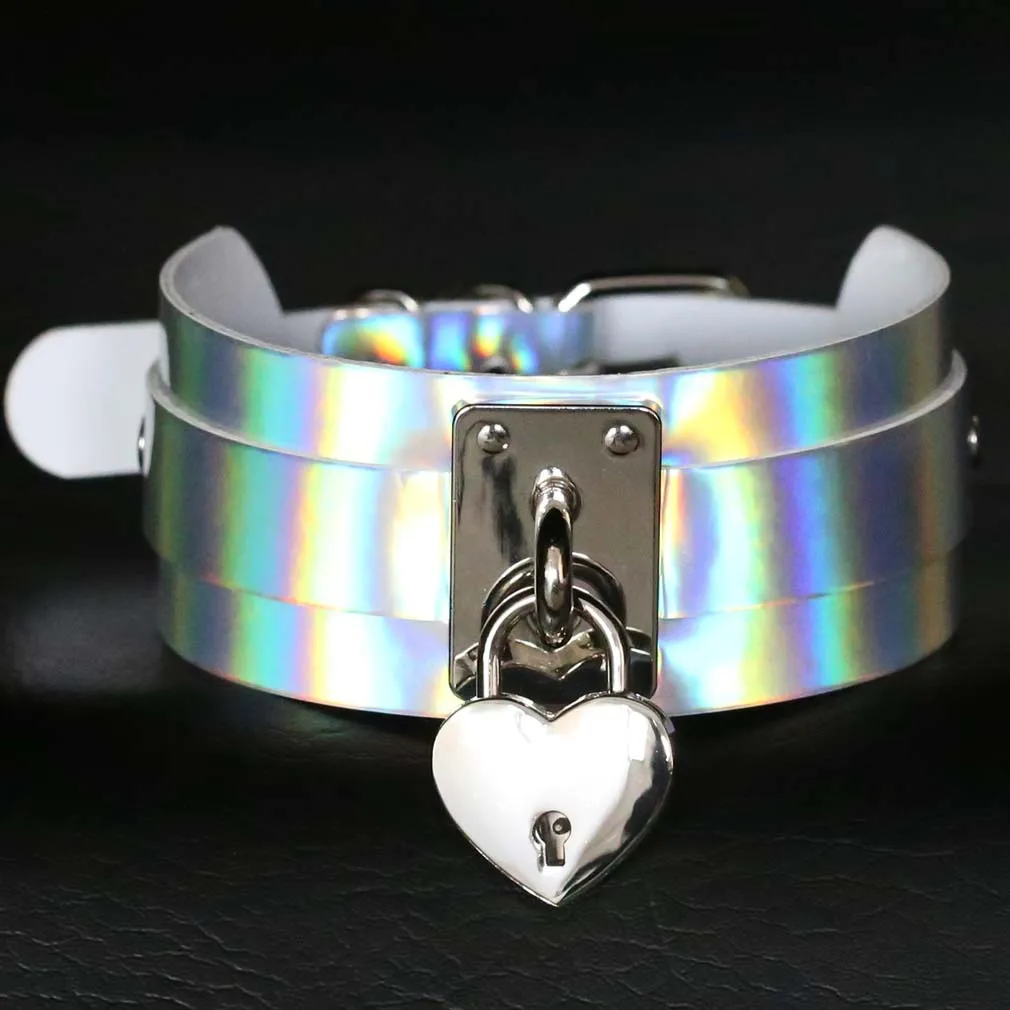 

PU Leather Choker Necklace Gift for Women Holographic Laser Collar Heart Lock Pendant Metal Fashion Jewelry Colorful Leather