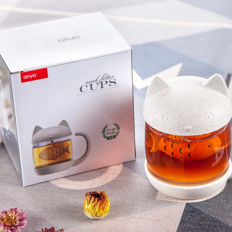 Портативная стеклянная чашка с милым котом мультяшный фильтр дизайнерская