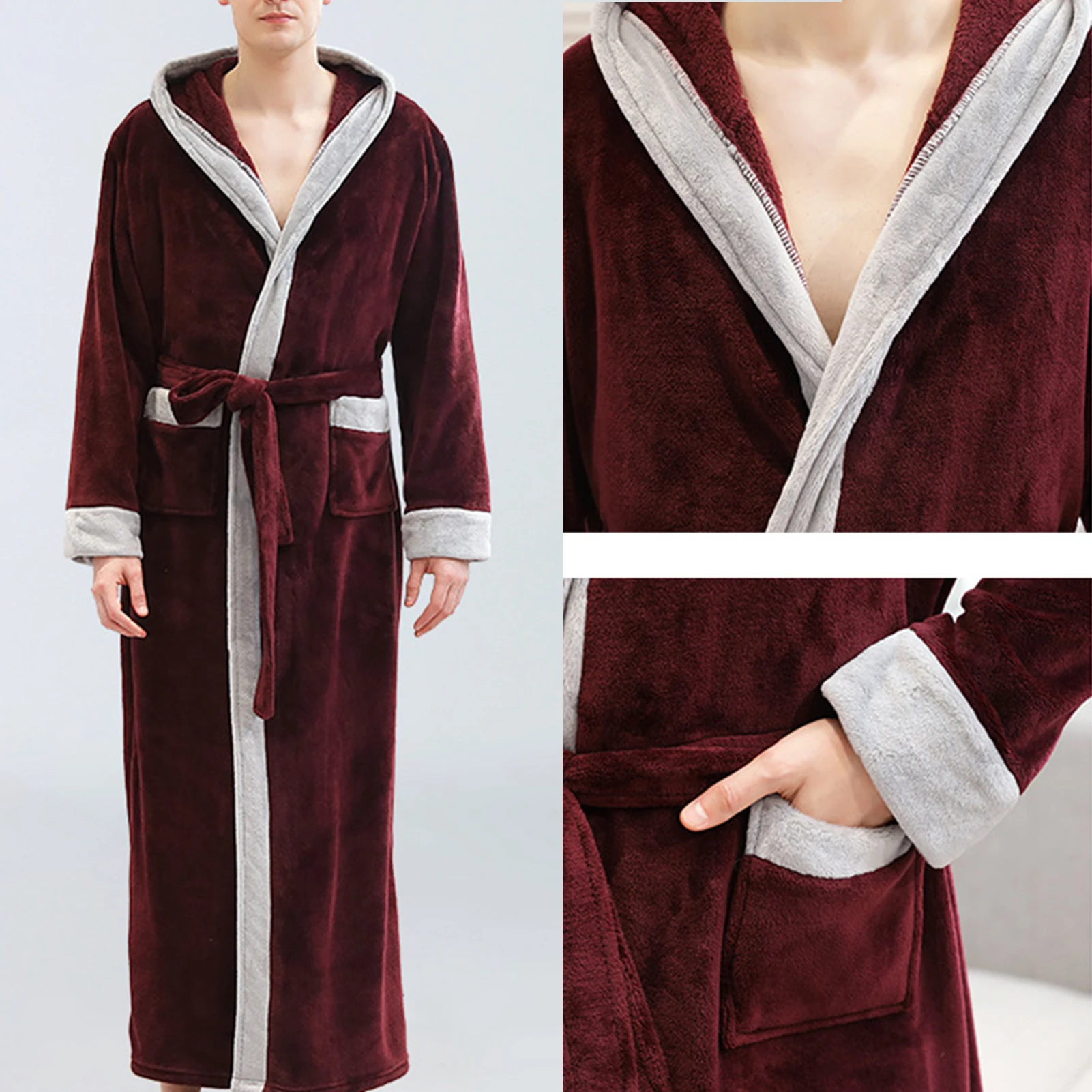 

2020 Men BathRobe Flannel Hooded Thick Casual Winter Autumn Long Kimono Robe Warm Home Sleepwear Bath Robe Pajama Nightgown
