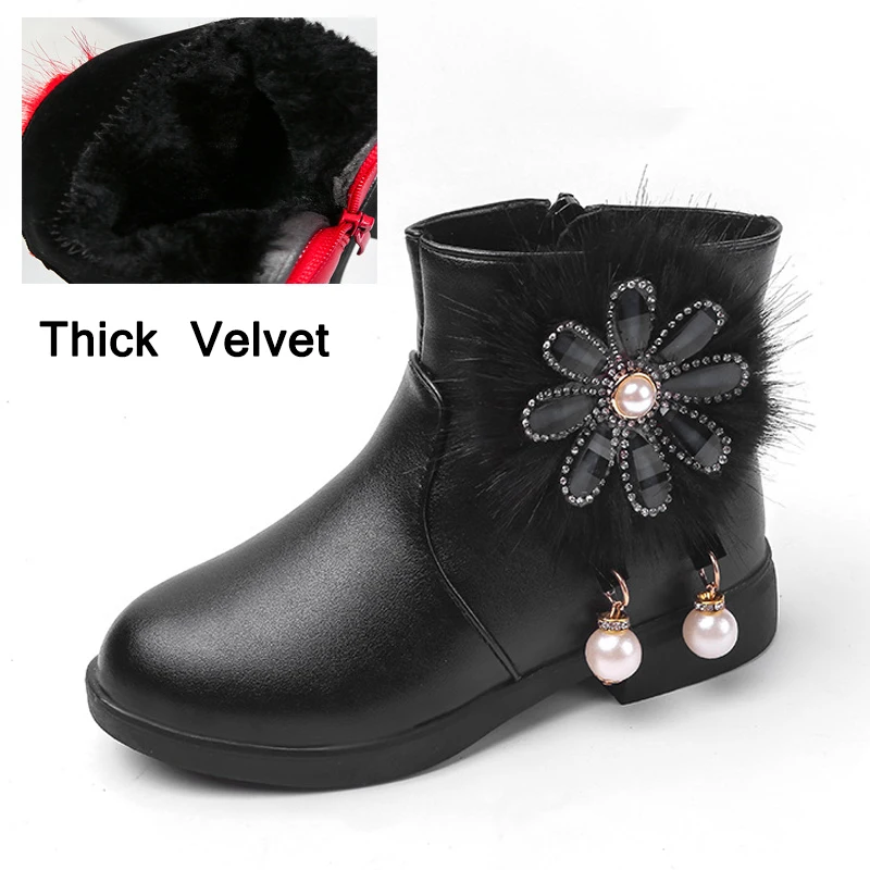 Thick velvet Black Новинка года; детская обувь; сапоги Martin для девочек; сезон осень-зима; кожаная обувь со стразами и цветком для девочек; бархатные теплые детские сапоги - Цвет: Thick velvet Black