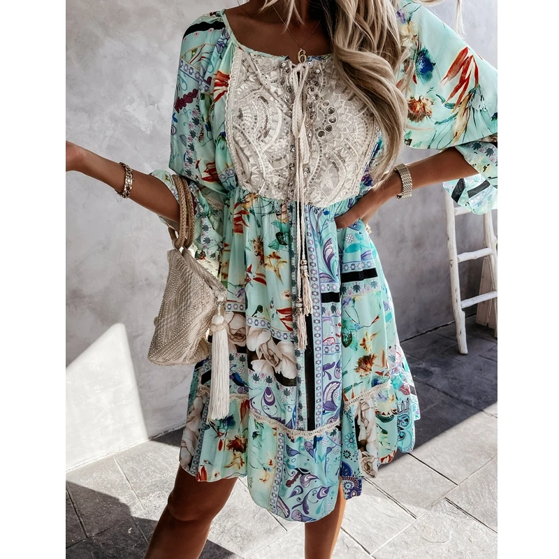 

Lugentolo Summer Dress Women Lace Stitching 3/4 Sleeve Square Collar Office Lady A-LINE Knee-Length Dresses for Women