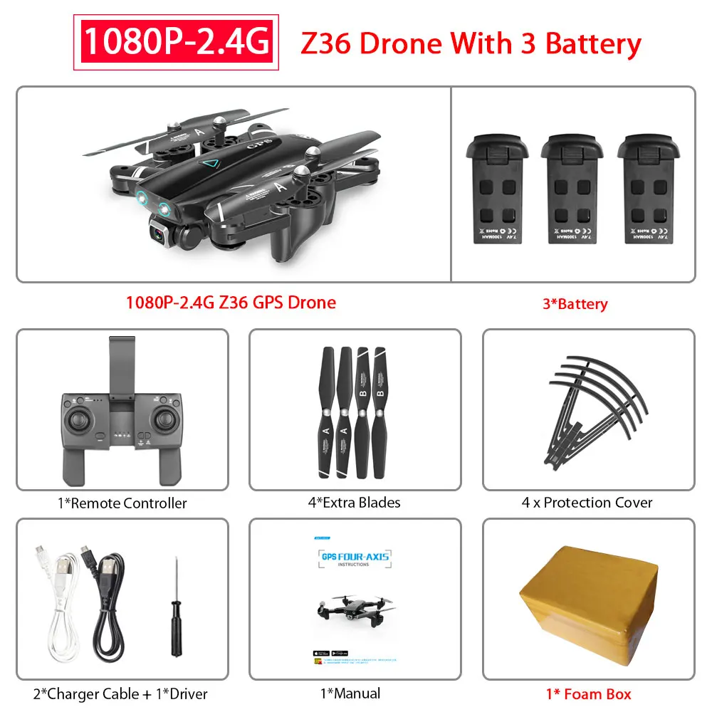 ZWN Z36 gps Квадрокоптер с 720 P/1080 P/4 K HD камерой Rc вертолет gps с фиксированной точкой wifi FPV Дрон следуй за мной режим vs SG900-S E520S - Цвет: 1080P-2.4G 3B Foam