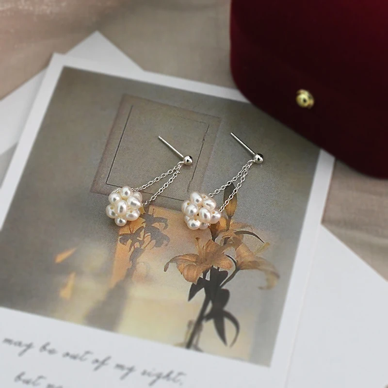 

ASHIQI Natural Freshwater Pearls Drop Earrings for Women 925 Sterling Silver Jewelry Gift Handmade Woven Flower Ball