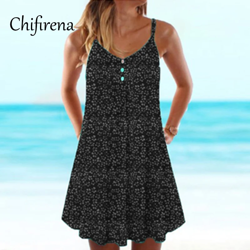 

Chifirena Plus Size Summer Women Dress 2021 Polka Dot Spaghetti Strap Sexy Dresses Backless Blue Sundress Beach Boho Vestidos