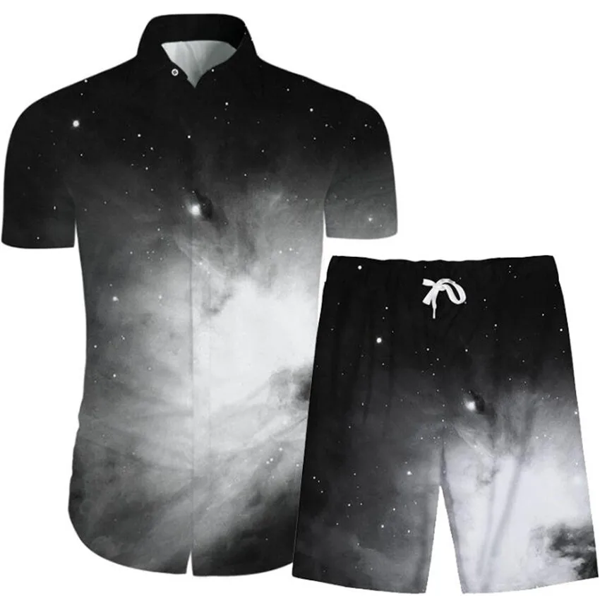 

KISSQIQI Men Shirt Suits 3D Printed Starry Sky Casual Men's Summer Suits Creative Short Sleeve Shirt Suits Asian Size XXS-3XL