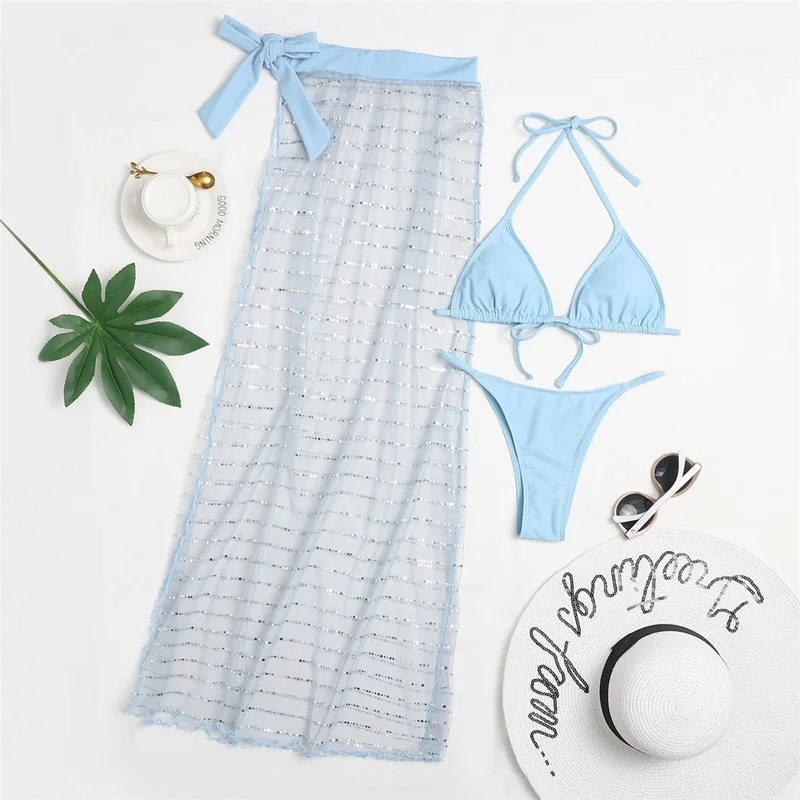 Новый сексуальный Блестящий купальный костюм из 3 предметов Женская юбка с