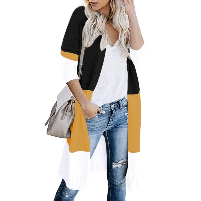 Women Casual Cardigan Autumn Long Sleeve Knitted Sweaters Colorblock Winter Jumper Open Front Loose |