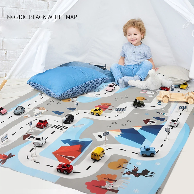 

New 130X100 CM Nordic Snow Toy Car Mats Map Children's Play Area Rug Pad urban Road Map Game Collapsible Building Parking Lot