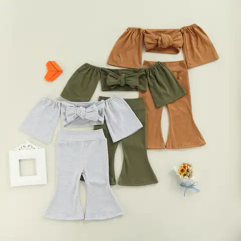 Комплект из двух предметов для маленьких девочек, однотонный укороченный топ с открытыми плечами и бантом на завязках + расклешенные брюки