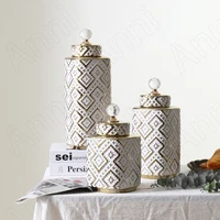 creative ceramic crystal decorative jars with lid nordic modern golden stroke relief texture flower vase candy snack storage jar
