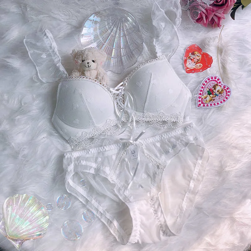 

Sexy Bandage Bra Brief Japanese Set Underwear Women Lolita Seamless Bra Panties Clothes Kawaii Lingerie Femme Blue Pink 2021 New