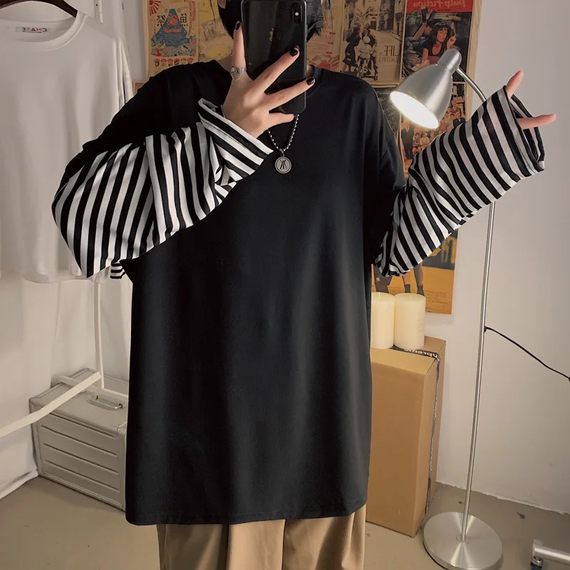 

Autumn Korean Punk Vintage Stripes Fake Two-Piece Loose Long Sleeve Bottoming T-shirt Harajuku Style Clothes Male Youth Tees Top