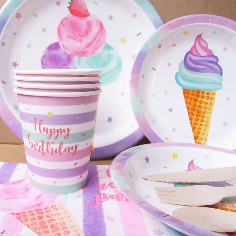 

44pcs/pack Ice Cream Party Disposable Tableware Set Paper Plate Cup Paper Napkin Birthday Party Decorations Kids Sweet Sumer