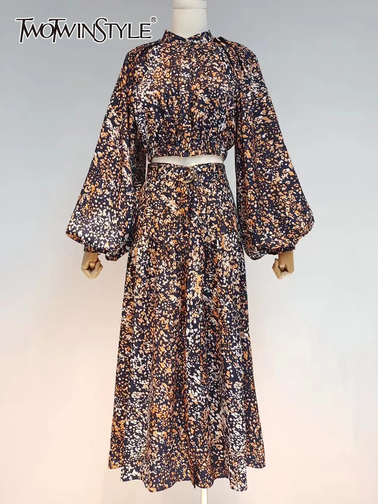 

TWOTWINSTYLE Casual Print Two Piece Sets For Women Stand Collar Long Lantern Sleeve Tops High Waist Mid A Line Skirt Female New
