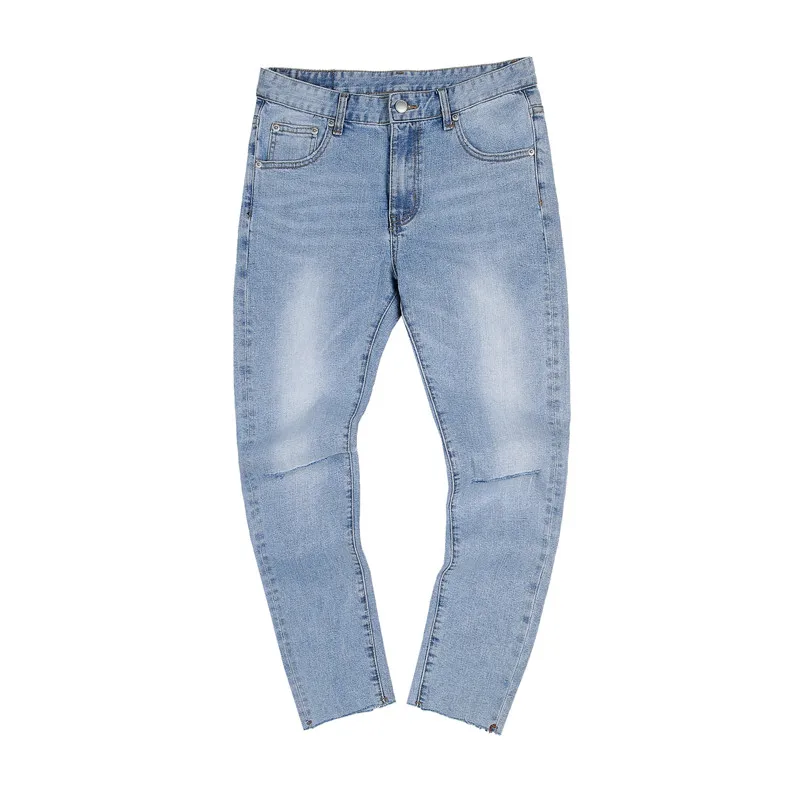 

High Quality All Match Knee Holes Skinny Ripped Jeans Men Clothes 2020 Korean Slim Fit Casual Denim Pants Light Blue Hot Sale