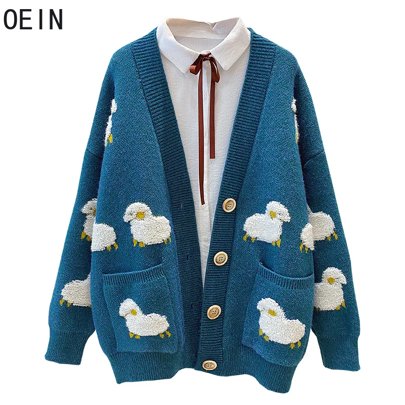 

OEIN 2022 женский Зимний вязаный свитер, пальто с V-образным вырезом, кардиганы из овечьей шерсти, рождественские свитера, теплая трикотажная од...