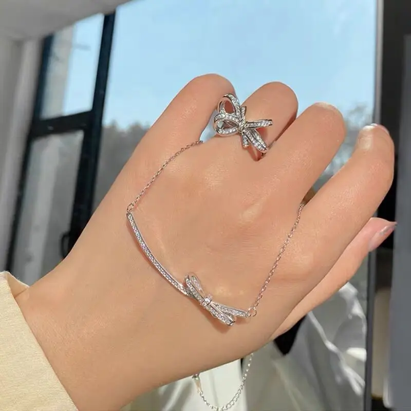 

Pure Brand 925 Sterling Silver Jewelry For Women Crystal Bowknot Chokers Neckalce Long Cute Smile Pendant Necklaces Party Gift