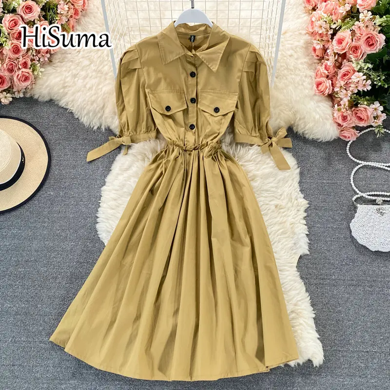 

Женское однобортное платье-трапеция, элегантное Хлопковое платье с отложным воротником, карманами и пышными рукавами, лето 2021