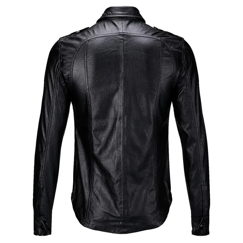 2020 New Slim Fit Men Motorcycle Biker Leather Shirts Coats Male Black Fashion Pockets PU Shirts Tops Autumn Casual Men Clothes