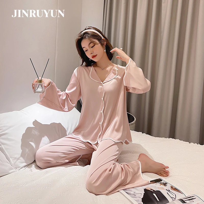 

Pajamas Set Ladies Long-sleeved White Pink Color Sleepwear Nightgowns for Sleeping Thin Ice Silk Air-conditioning Suit Woman