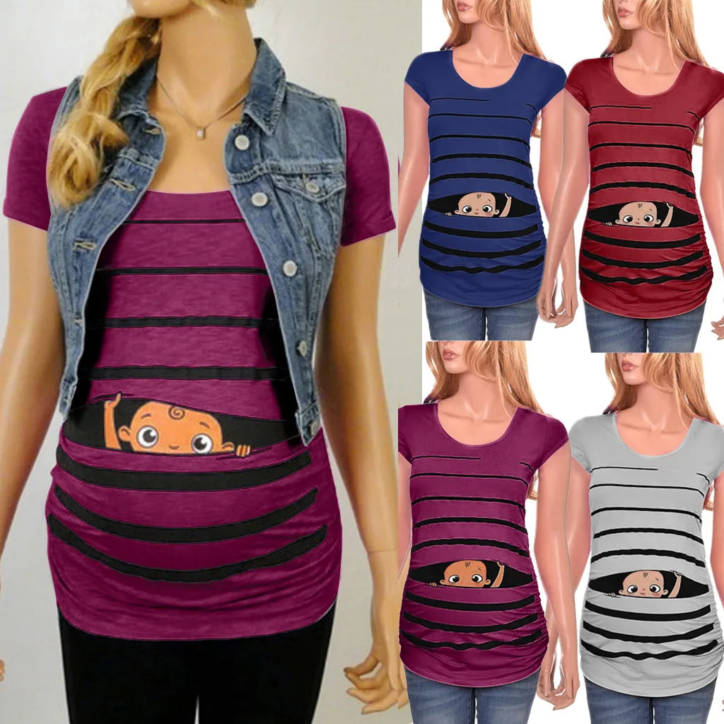 

2020 Футболка для беременных Милая Забавная детская одежда в полоску с принтом для беременных летняя футболка с короткими рукавами Топы для б...