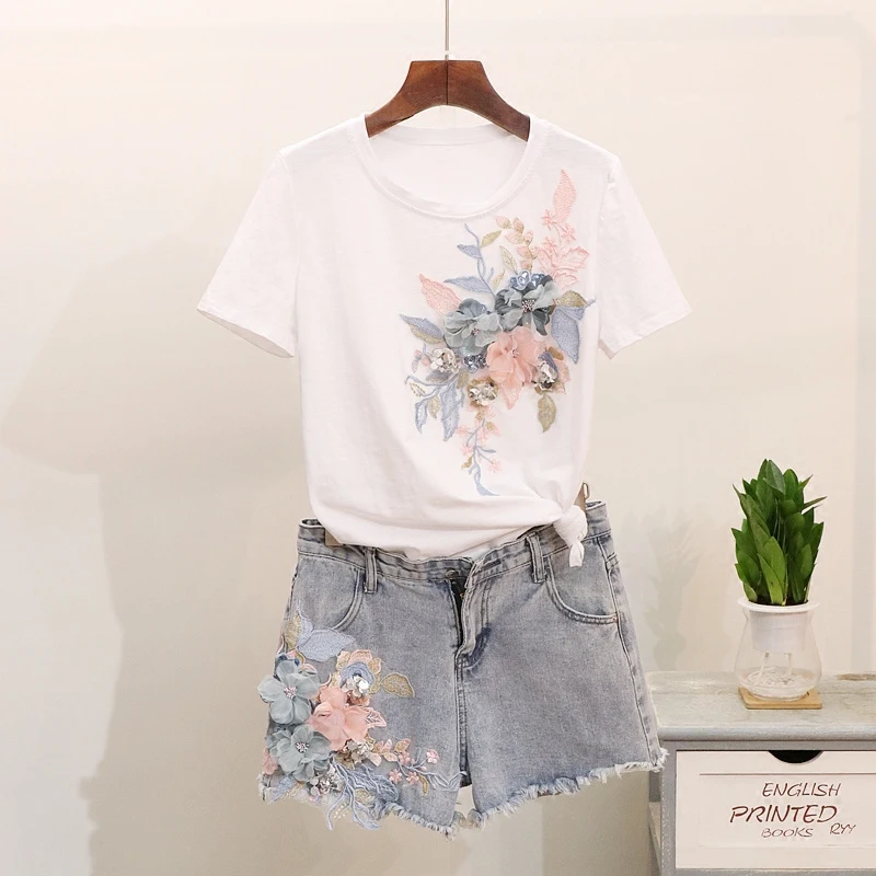 Женский комплект из двух предметов летняя хлопковая Футболка с трехмерными