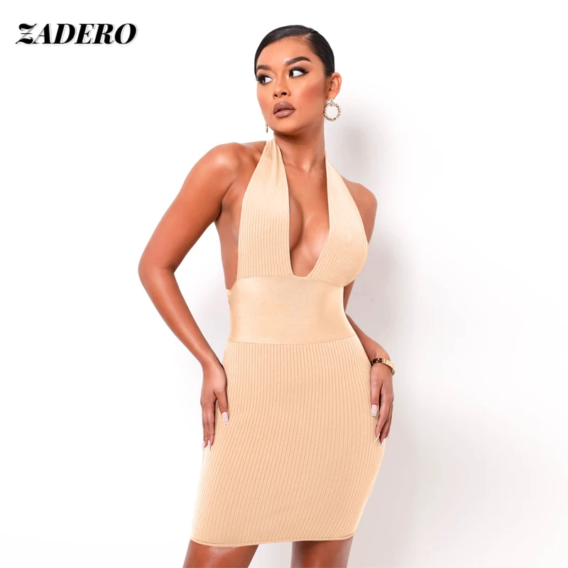 

Sexy Halter Dress Women Fashion Solid Color Deep V-neck High Waist Bodycon Dress Summer Lady Backless Slim Evening Dress Party