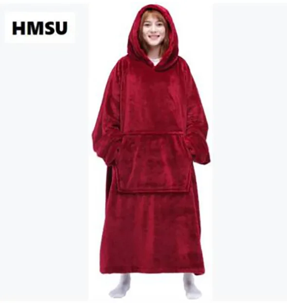 

HMSU Nordic Super Long Flannel Blanket with Sleeve Winter Hoodie Sweatshirt Solid Pullover Fleece Oversized Giant TV Red Blanket