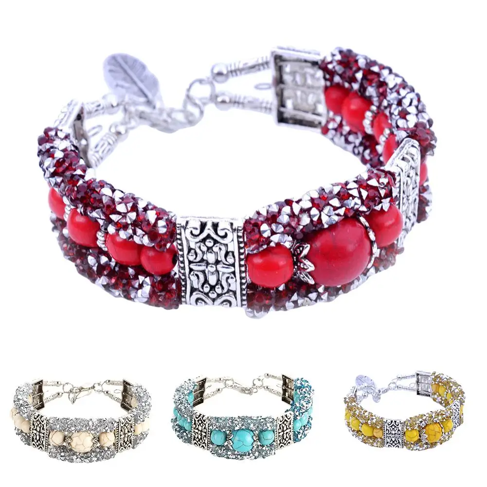 

2019 HOT SALES Vintage Women Faux Turquoise Beads Rhinestone Carved Bracelet Bangle Jewelry Gift bracelets for women Wrist Decor