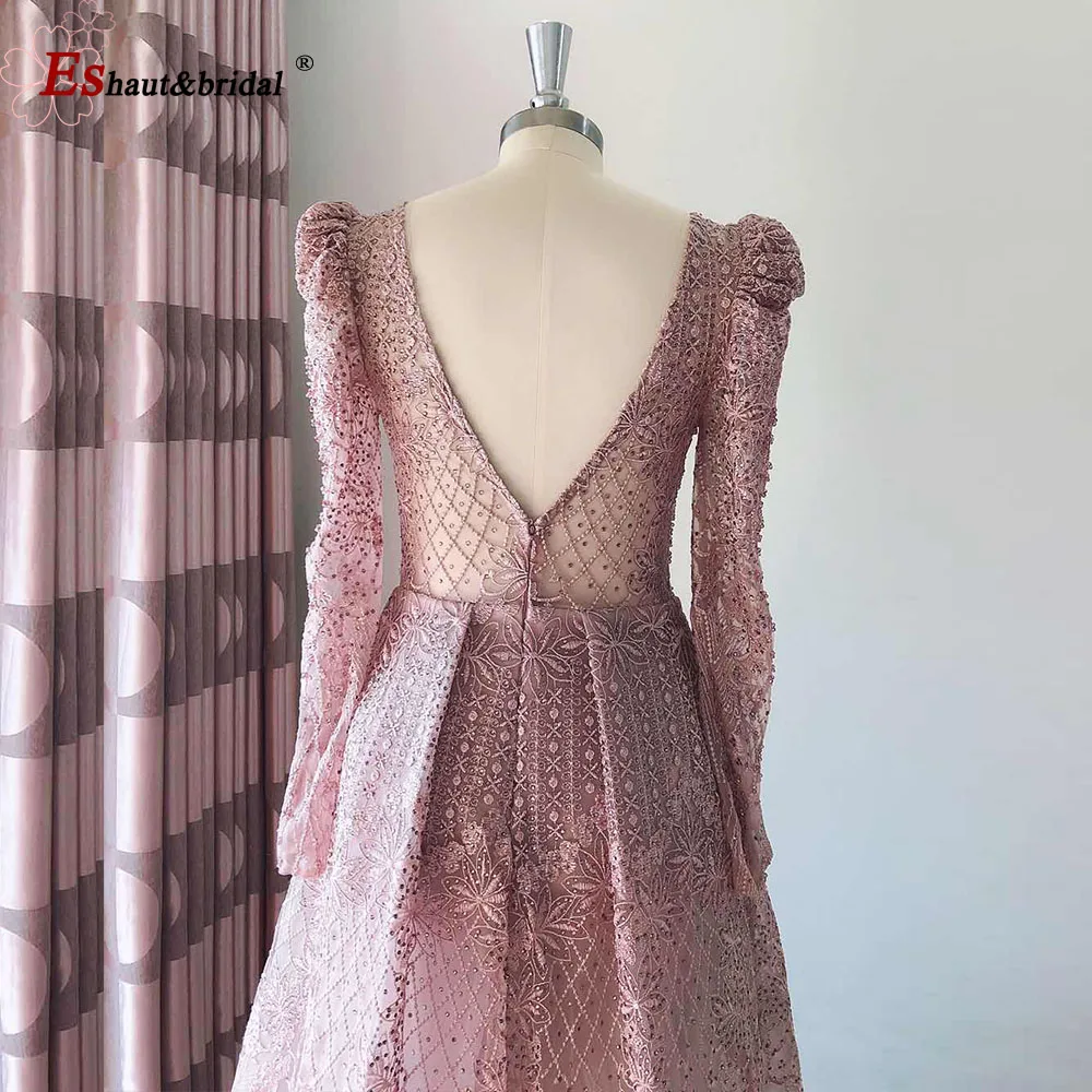 

Dubai Mermaid V-Neck Evening Dresses 2020 Full Lace Luxury Long Sleeves Beading Crystal Formal Party Gowns