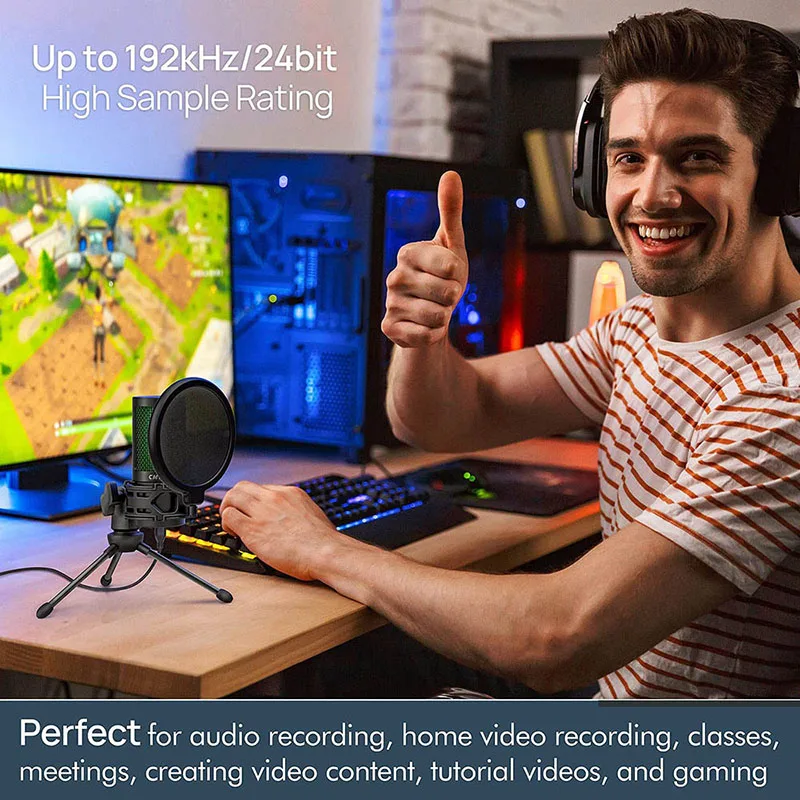 usb microphone condenser gaming desktop mic for pc laptop with mute button anti vibration shock mount pop filter free global shipping