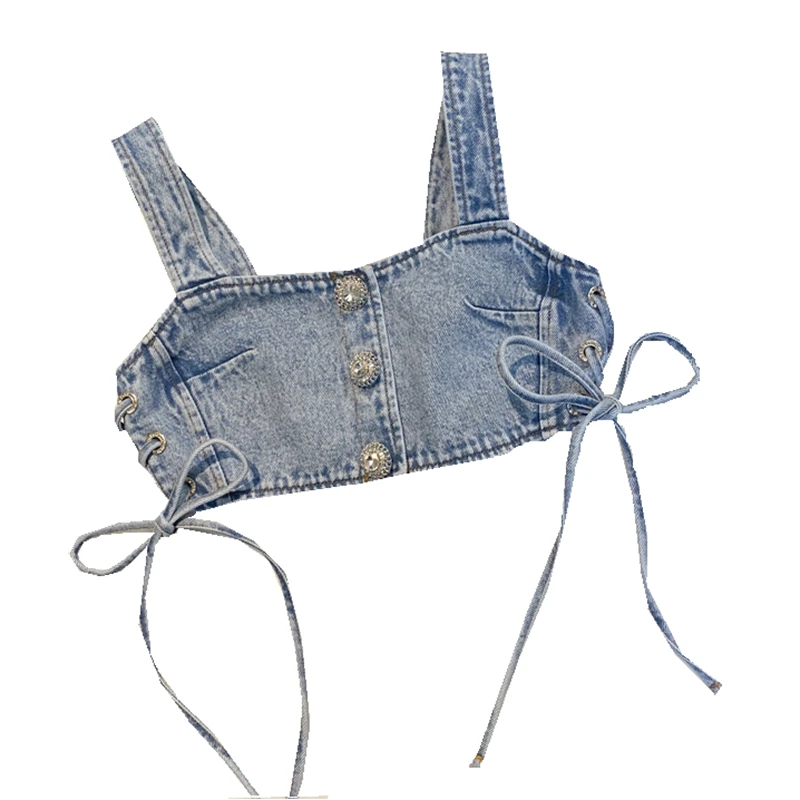 

STREET Newest HIGH Fashion 2021 Designer dress Women's sling Drawstring Denim short Blouse Top