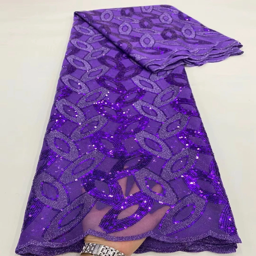 2021 Good Quality Purple Nigerian Lace Fabric African Sequins Net Embroidered French Soft Tulle Lace Fabric For Sewing Clothes