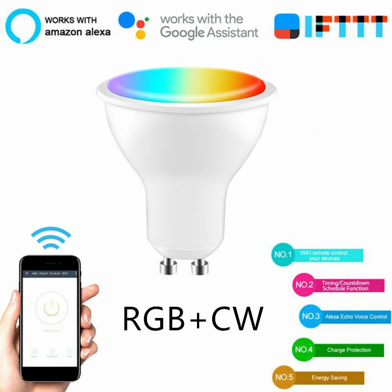 

GU10 Spotlight WiFi Smart Light Bulb 5w RGB+CW 2700-6500K Smart Bulb App Remote Control RGB Light Lamp For Alexa Google Home