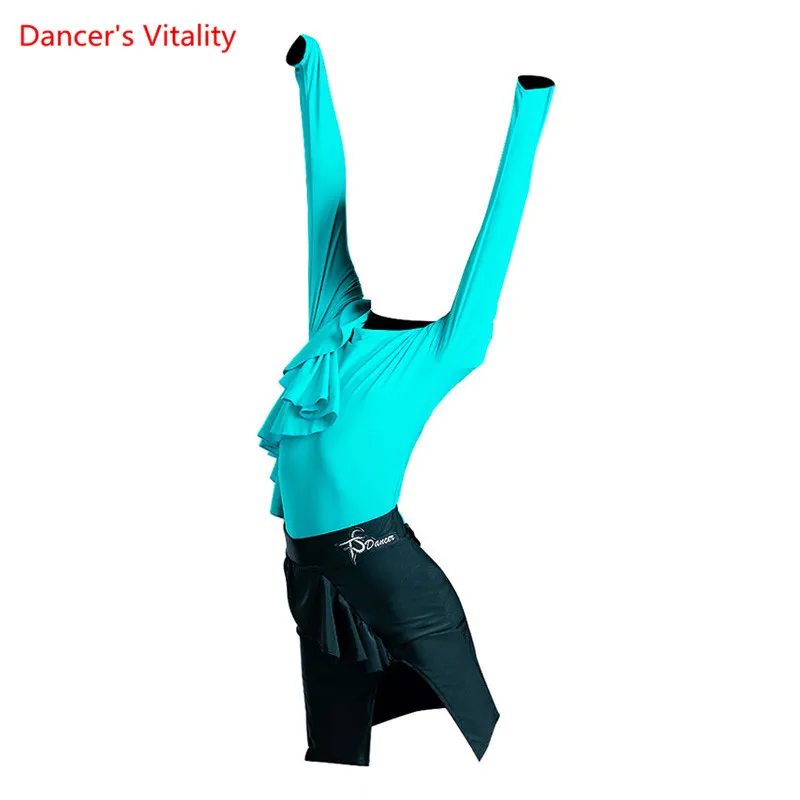 

Latin Dance Set Lotus Leaf Long Sleeve Body Suit Short Skirt Practice Clothes Profession Custom Adult Child Performance Clothing