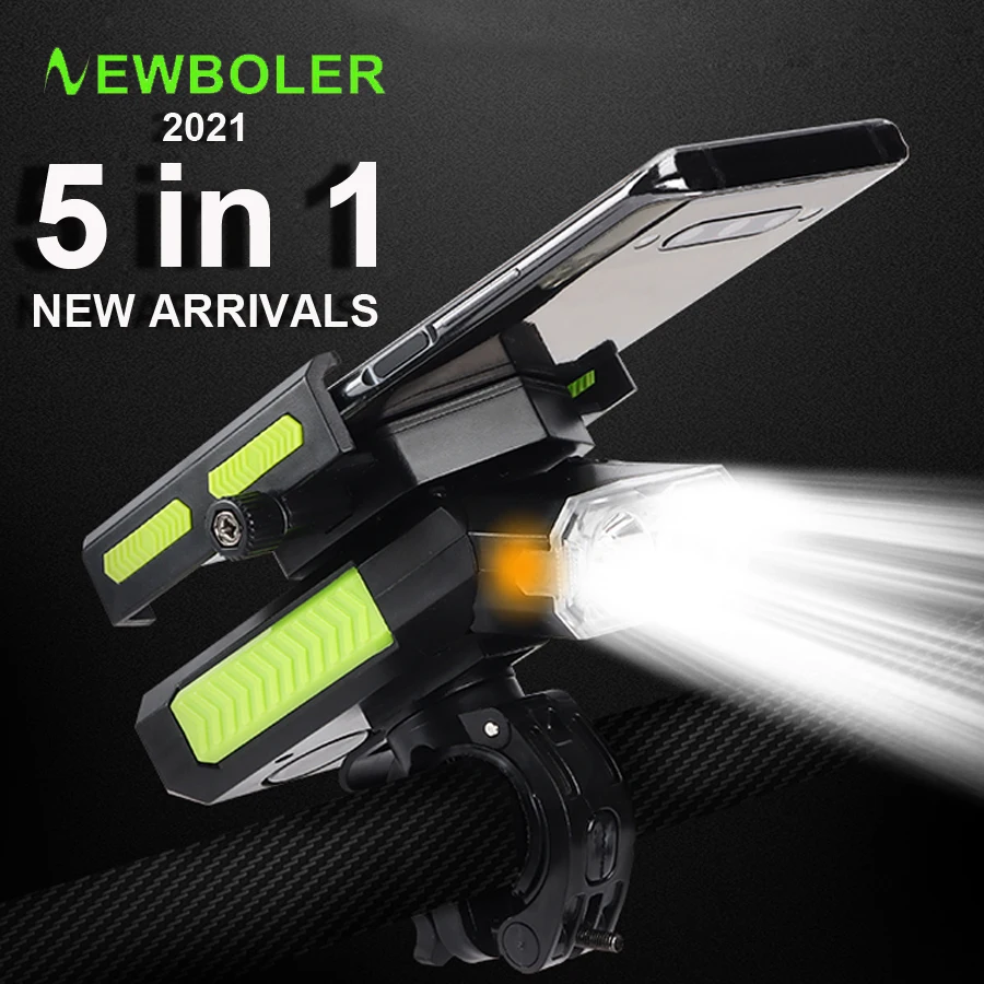 

NEWBOLER Bike Light Horn 5 IN 1 Phone Holder USB Chargeable Bicycle Headlight 4000mAh Flashlight Cycling Front Light Accessories