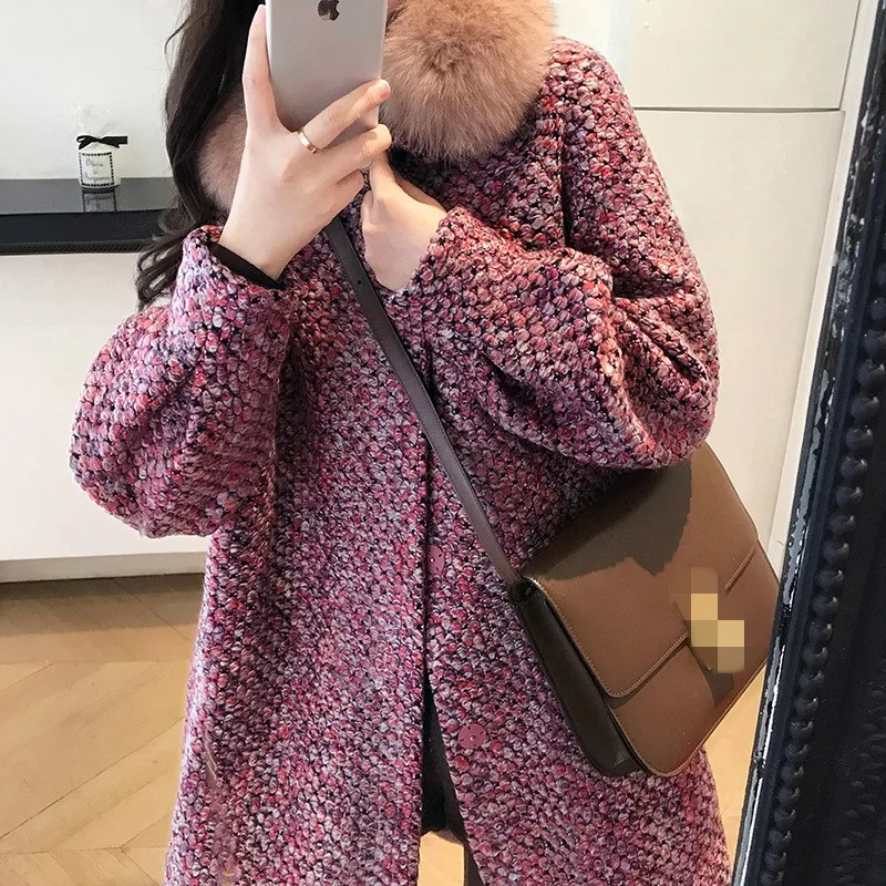 

Brand Vintage Women Tweed With Cotton Collar Long Trench Coat Caridgan Streetwear Slim Woolen Office Ladies Winter Outerwear