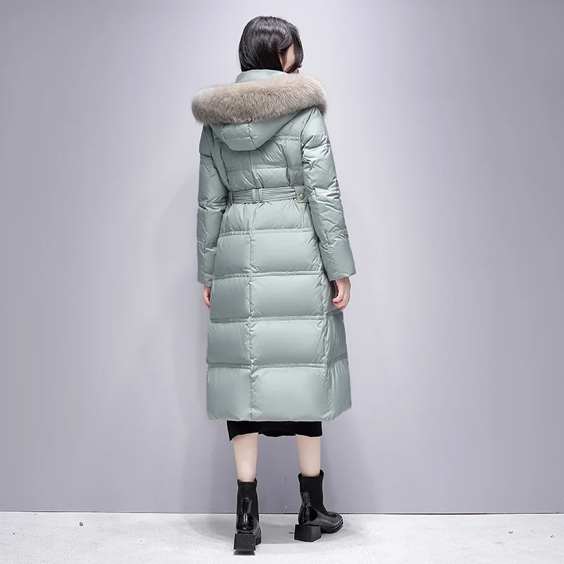 Down Jacket Women's New Fashion Long below Knee Thickening Cinched Hoodie Fox Fur Jacket women coat