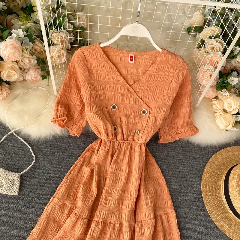 

New Vintage 2020 V Neck Button Slim Midi Office Dress Summer Party High Waist Dress Women Knee Length A-Line Dress PP452