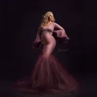 New In Русалка беременности и родам платья одежда с длинным рукавом, с юбкой из тюля и поезд индивидуальный заказ эластичный фотосессии Беременность платья
