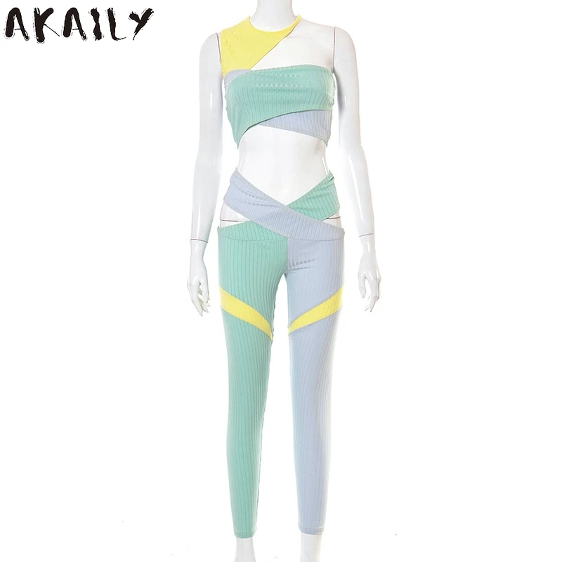 

Akaily Streetwear Patchwork Sleeveless 2 Two Piece Sets Womens Asymmetrical Backless Crop Top Hollow Out Long Pants Sets Female