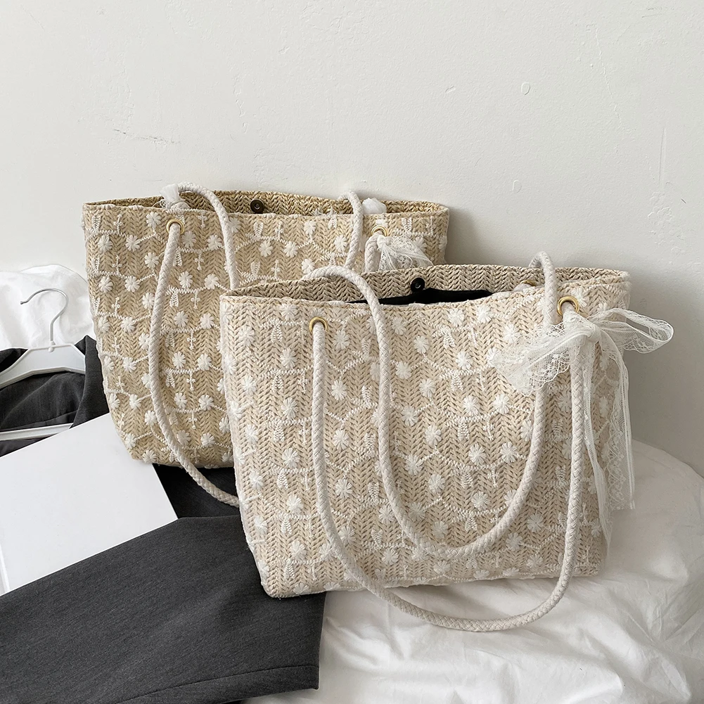 

Summer Beach Vacation Tote Handbags For Ladies Fashion Straw Woven Lace Embroidery Women Casual Underarm Shoulder Shopping Bags