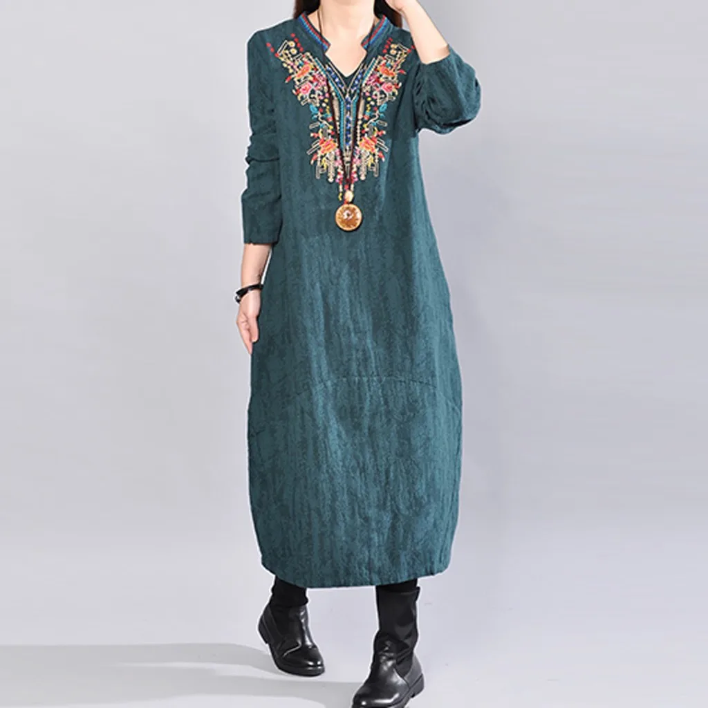 Женское платье с вышивкой зимнее повседневное Свободное длинное в винтажном